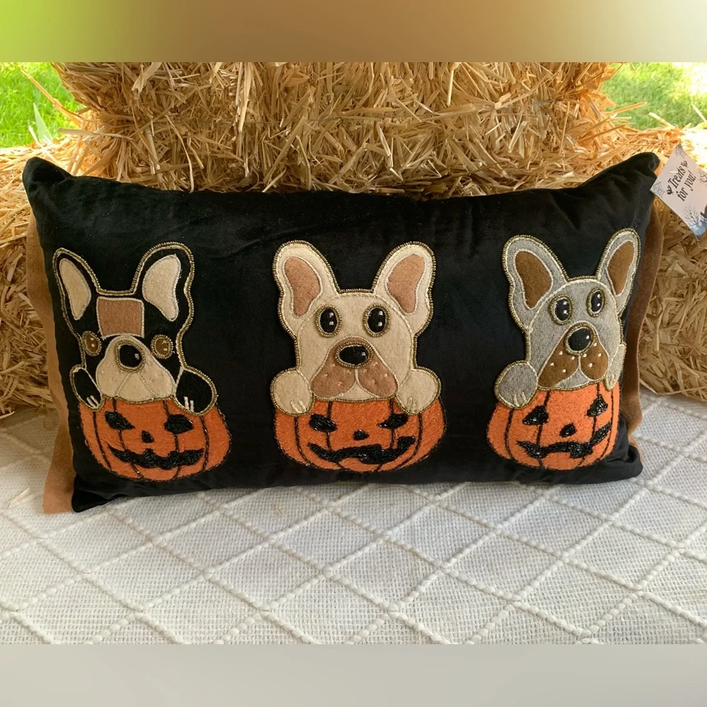 Halloween Decor Pillow Puppy Frenchies in Pumpkins- NWT